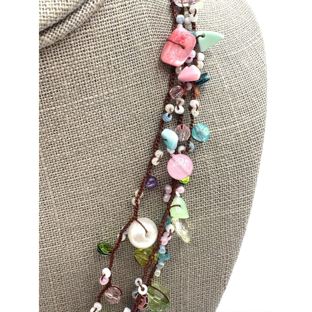 Boho Multi Strand Pastel Beaded Necklace UV Reactive Glass Pearl Mixed Media - Picture 4 of 10